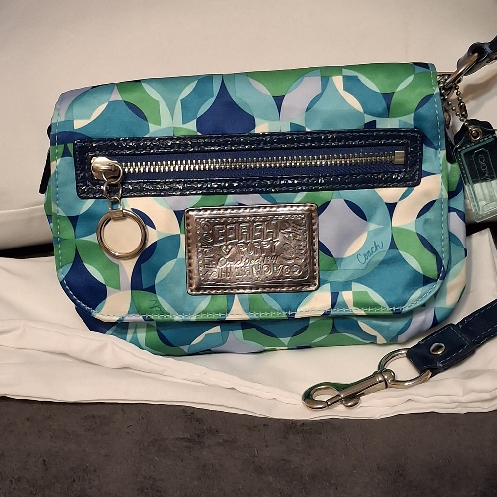 Coach Poppy Blue Green Scarf Patterned Flap Crossbody Wristlet HandBag 7x5